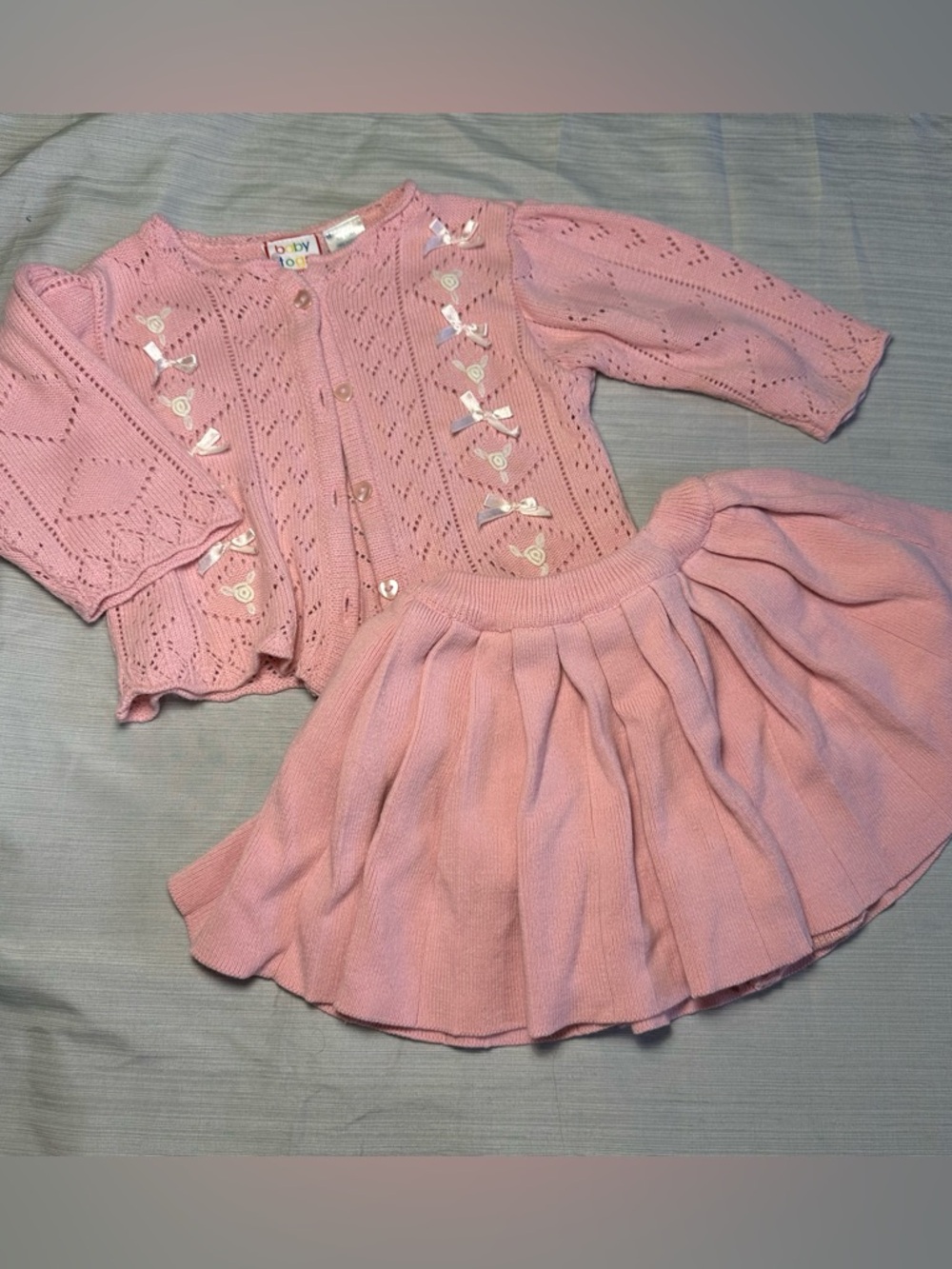 Baby Togs Pink Sweater Skirt Set 12-18M Floral Knit 90s Cottagecore